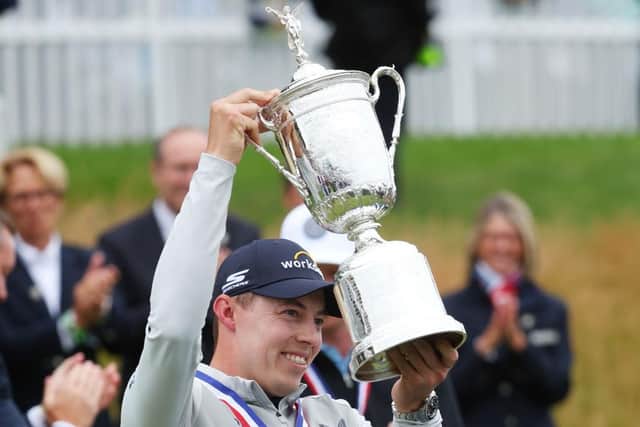 Matt Fitzpatrick celebrates with trophy after winning the 122nd US Open at Brookline. Picture: Andrew Redington/Getty Images.