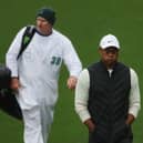 Five-time winner Tiger Woods struggled in cold and wet conditions on Saturday in the 87th Masters at Augusta National Golf Club. Picture: Patrick Smith/Getty Images.