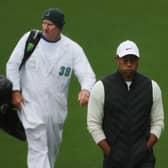 Five-time winner Tiger Woods struggled in cold and wet conditions on Saturday in the 87th Masters at Augusta National Golf Club. Picture: Patrick Smith/Getty Images.