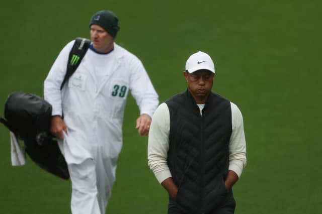 Five-time winner Tiger Woods struggled in cold and wet conditions on Saturday in the 87th Masters at Augusta National Golf Club. Picture: Patrick Smith/Getty Images.