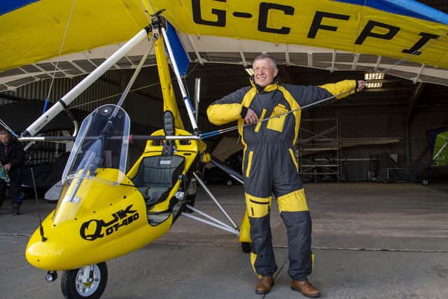 Liberal Democrat leader Willie Rennie prepares for take-off in a microlight at East Fortune (Picture: Lisa Ferguson)