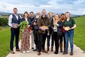 (L TO R) Ian Booth of Balmoral Game, Carole Short of Down on the Farm, Kevin Dalgleish of Amuse by Kevin Dalgleish, Christian Stolte of The Wee Scottish Cider Company, Chris Foy of VisitAberdeenshire, Loren McBey of The Lobster Shop, Leah Hodder, Provenance Festival Project Manager, Liz Phillips of Cowden Farm Holidays and Christine Mackintosh of Marshall’s Farm Shop. (Photo: Euan Duff/Abermedia)