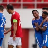 Jermain Defoe and Alfredo Morelos celebrate during Rangers' 5-0 win over Lincoln Red Imps in the Europa League on Thursday (Photo by Fran Santiago/Getty Images)