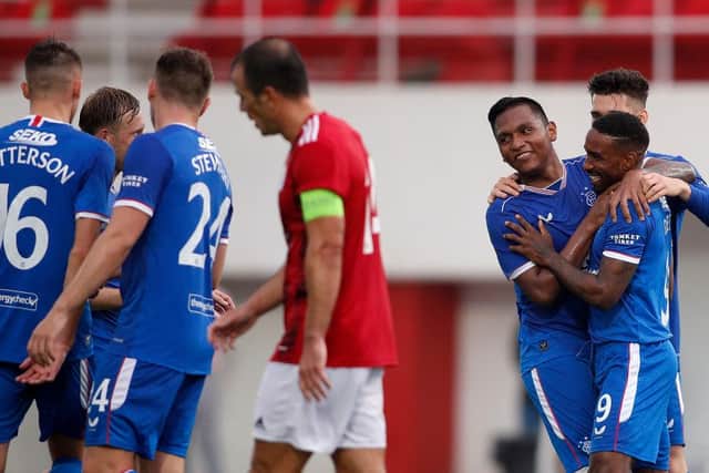 Jermain Defoe and Alfredo Morelos celebrate during Rangers' 5-0 win over Lincoln Red Imps in the Europa League on Thursday (Photo by Fran Santiago/Getty Images)