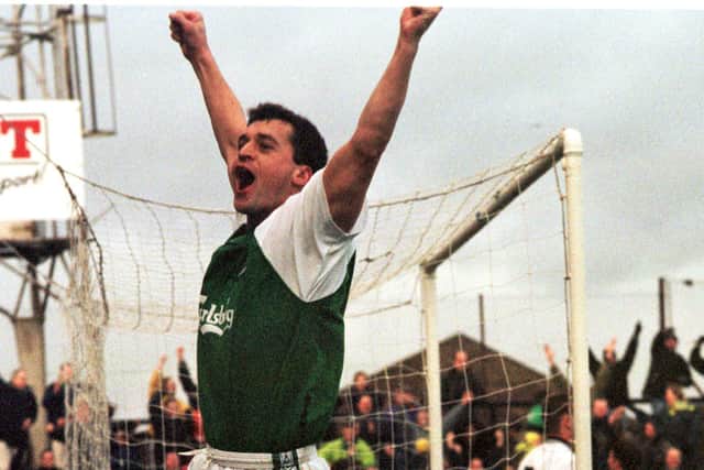 Pat McGinlay acclaiming a Hibs goal at Ayr United in 1999.