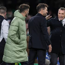 Celtic manager Brandan Rodgers and Atletico Madrid manager Diego Simeone at full time. (Photo by Craig Foy / SNS Group)