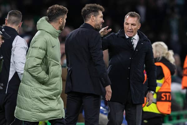 Celtic manager Brandan Rodgers and Atletico Madrid manager Diego Simeone at full time. (Photo by Craig Foy / SNS Group)
