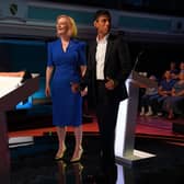 Rishi Sunak and Liz Truss before taking part in the BBC Tory leadership debate, Our Next Prime Minister, presented by Sophie Raworth, a head-to-head debate at Victoria Hall in Hanley, Stoke-on-Trent, between the Conservative party leadership candidates. Picture date: Monday July 25, 2022.