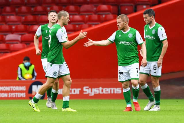 Hibs winger Daryl Horgan celebrates with Alex Gogic after scoring to make it 1-1 during a pre-season friendly match between Aberdeen and Hibernian at Pittodrie, on July 25, 2020, in Aberdeen, Scotland. Pic: SNS Group