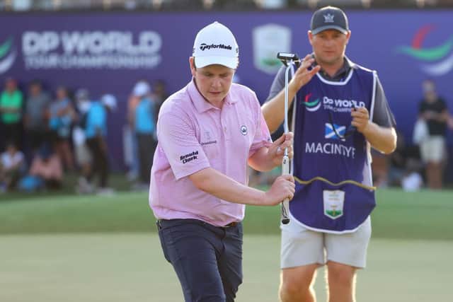 Bob MacIntyre shows his frustration after finishing the second round of the DP World Tour Championship with a three-putt bogey from below the hole on the Earth Course at Jumeirah Golf Estates. Picture: Andrew Redington/Getty Images.