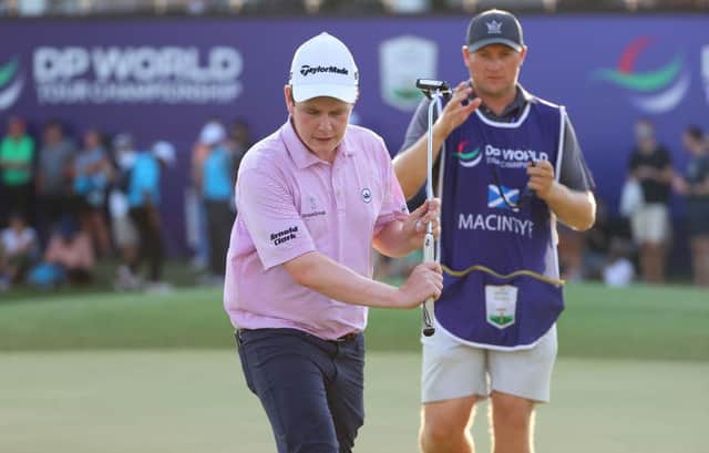 Bob MacIntyre shows his frustration after finishing the second round of the DP World Tour Championship with a three-putt bogey from below the hole on the Earth Course at Jumeirah Golf Estates. Picture: Andrew Redington/Getty Images.