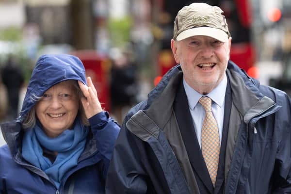 Former subpostmaster and lead campaigner Alan Bates, accompanied by his wife Suzanne Sercombe, arrives at Aldwych House in central London. Picture: Stefan Rousseau/PA Wire