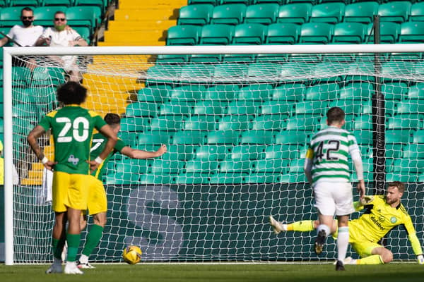 Preston's Ben Whiteman sends his penalty past Scott Bain to condemn Celtic to a pre-season friendly defeat at Celtic Park. (Photo by Craig Williamson / SNS Group)