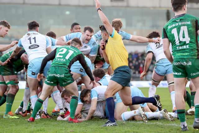 Glasgow's Johnny Matthews scores a try in the win over Connacht. Photo by Bryan Keane/INPHO/Shutterstock (12781108bo)