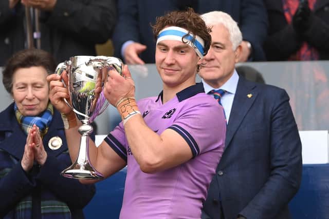 Scotland captain Jamie Ritchie receives the Cuttitta Cup from Princess Anne after the Six Nations Rugby match between Scotland and Italy at Murrayfield in March. (Picture: Stu Forster/Getty Images)
