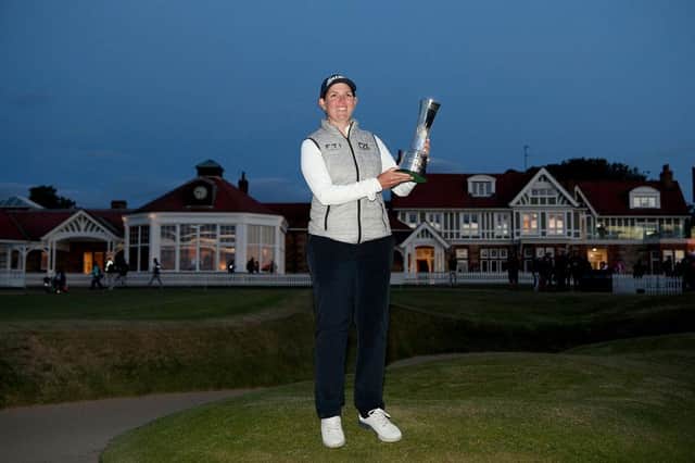 Ashleigh Buhai poses with the AIG Women's Open trophy after wining a play-off at Muirfield. Picture: Octavio Passos/Getty Images.