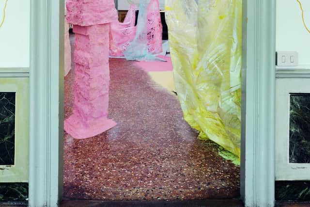 An installation view of Karla Black's exhibition at the Palazzo Pisani, Venice, 2011 PIC: Courtesy the artist and Galerie Gisela Capitain, Cologne. Photograph by Gautier Deblonde