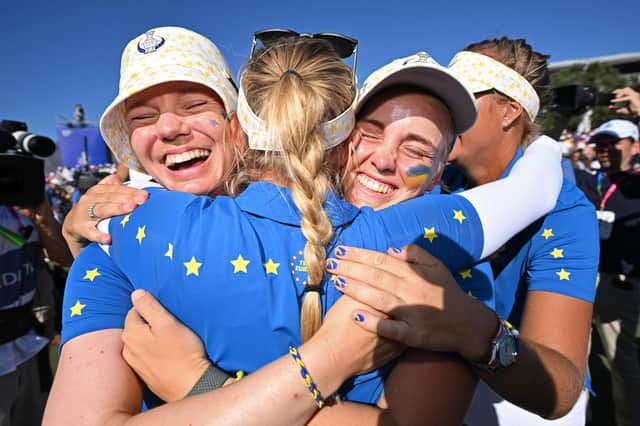 Madelene Sagstrom, captain Suzann Pettersen and Maja Stark of Team Europe celebrate their win against Team USA.