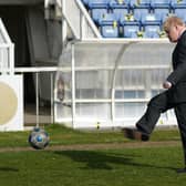 Prime Minister Boris Johnson on Friday, kicking a football during a visit to Hartlepool United Football Club ahead of the May 6 by-election. Picture: Press Association