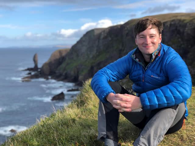 Adventurer Ramsay MacMahon at Old Man of Stoer in Sutherland. PIC: BBC ALBA.
