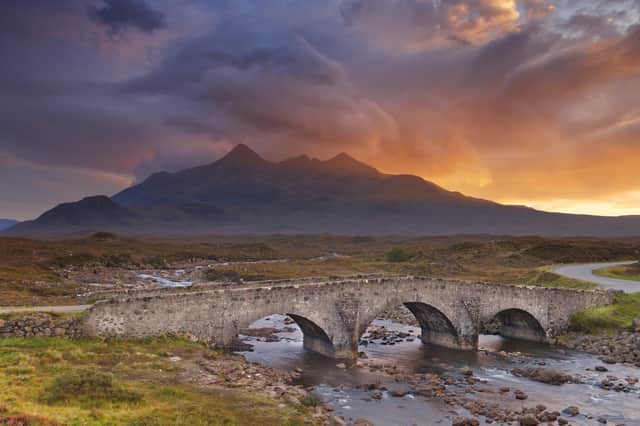 The Sligachan Bridge with The Cuillins in the background on the Isle of Skye