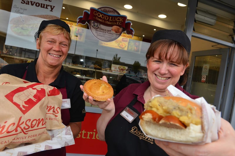 Dicksons butchers were supporting South Shields FC on their cup run in 2017 with free saveloy and pie selfies. Here are shop manager Dawn Pratt and Julie Garbutt.