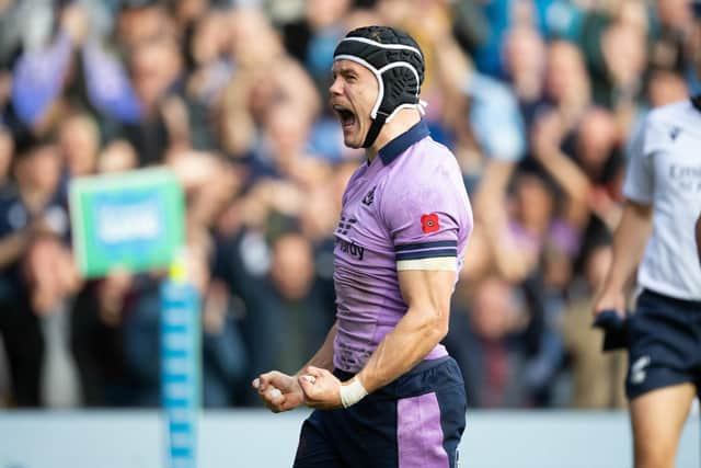 Darcy Graham celebrates his try in the first half. He came so close to scoring a second for Scotland.