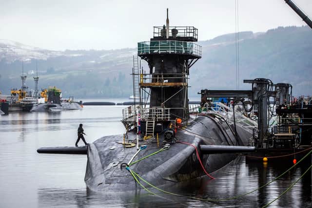 Vanguard-class submarine HMS Vigilant, one of the UK's four nuclear warhead-carrying submarines, at HM Naval Base Clyde
