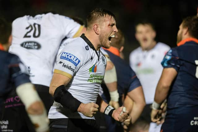 Matt Fagerson celebrates Glasgow Warriors' victory over Edinburgh Rugby at Scotstoun.