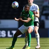 Jonathan Leko of Birmingham City (L) shields the ball from George Edmundson of Derby County during the defender's loan from Rangers last season.  (Photo by Alex Livesey/Getty Images)