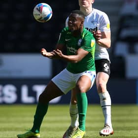 Jonathan Leko of Birmingham City (L) shields the ball from George Edmundson of Derby County during the defender's loan from Rangers last season.  (Photo by Alex Livesey/Getty Images)