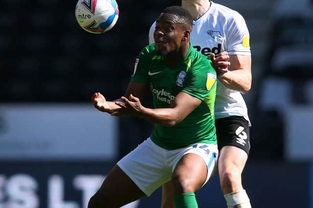 Jonathan Leko of Birmingham City (L) shields the ball from George Edmundson of Derby County during the defender's loan from Rangers last season.  (Photo by Alex Livesey/Getty Images)