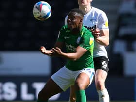 Jonathan Leko of Birmingham City (L) shields the ball from George Edmundson of Derby County during the defender's loan from Rangers last season.  (Photo by Alex Livesey/Getty Images)