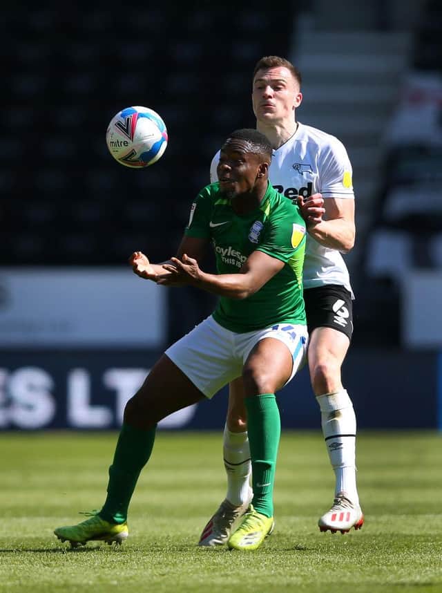 Jonathan Leko of Birmingham City (L) shields the ball from George Edmundson of Derby County during the defender's loan from Rangers last season.  (Photo by Alex Livesey/Getty Images)