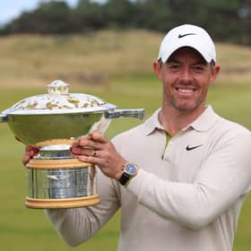 Rory McIlroy shows off the Genesis Scottish Open trophy after his dramatic victory at The Renaissance Club in July. Picture: Andrew Redington/Getty Images.