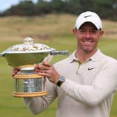 Rory McIlroy shows off the Genesis Scottish Open trophy after his dramatic victory at The Renaissance Club in July. Picture: Andrew Redington/Getty Images.