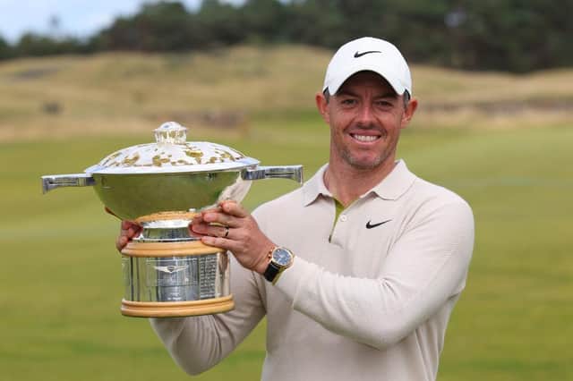 Rory McIlroy shows off the Genesis Scottish Open trophy after his dramatic victory at The Renaissance Club in July. Picture: Andrew Redington/Getty Images.