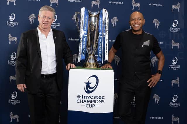 Richard Wainwright (Investec Bank Limited CEO) and Abey Mokgwatsane (Investec Group CMO) pictured with the Investec Champions Cup trophy.