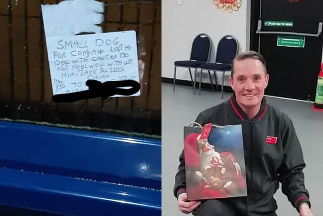 A picture of the post-it note found in a bus shelter in West Kilbride believed to have been written by an elderly resident who is looking for a new dog after his died from cancer, and a picture of David Macleod picture: supplied