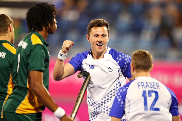 Team Scotland hockey captain Alan Forsyth celebrates scoring a goal during the Gold Coast Commonwealth Games in 2018. (Photo by Mark Kolbe/Getty Images)
