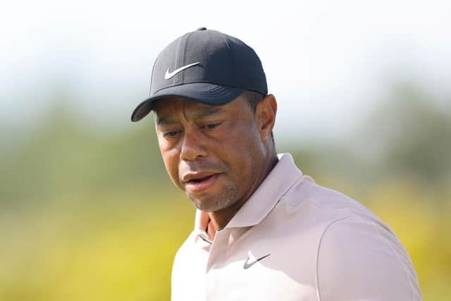 Tiger Woods reacts during the first round of the Hero World Challenge at Albany Golf Course oin Nassau, Bahamas. Picture: Mike Ehrmann/Getty Images.