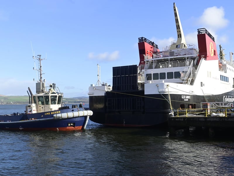 A close up of one of the tugs attached to the Glen Sannox for safety purposes during the early stages of Tuesday's sea trials. Picture: John Devlin