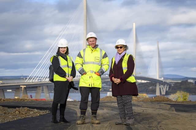 Manor Estates’ CEO Claire Ironside, Cala site manager Gavin McCann and Manor Estates' chair of the board Rachel Hutton, at the development site overlooking the Queensferry Crossing. Picture: Ian Georgeson