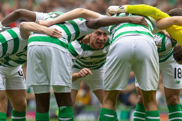 Scott Brown delivers one of his trademark team talks in the Celtic huddle ahead of a match against Rangers in 2018.