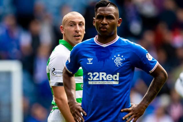 Rangers striker Alfredo Morelos (right), with Scott Brown looking on, in previous derby - an encounter in which the striker has made headlines for the wrong reasons in his Ibrox career so far (Photo by Craig Williamson / SNS Group)