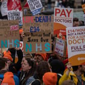 Junior doctors take part in a rally in Trafalgar Square during a nationwide strike on April 11, 2023 in London. Junior doctors in England held a 96-hour walkout hoping to achieve full pay restoration after seeing their pay cut by more than a quarter since 2008. Picture: Carl Court/Getty Images