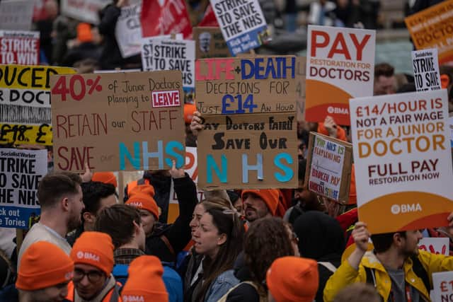 Junior doctors take part in a rally in Trafalgar Square during a nationwide strike on April 11, 2023 in London. Junior doctors in England held a 96-hour walkout hoping to achieve full pay restoration after seeing their pay cut by more than a quarter since 2008. Picture: Carl Court/Getty Images