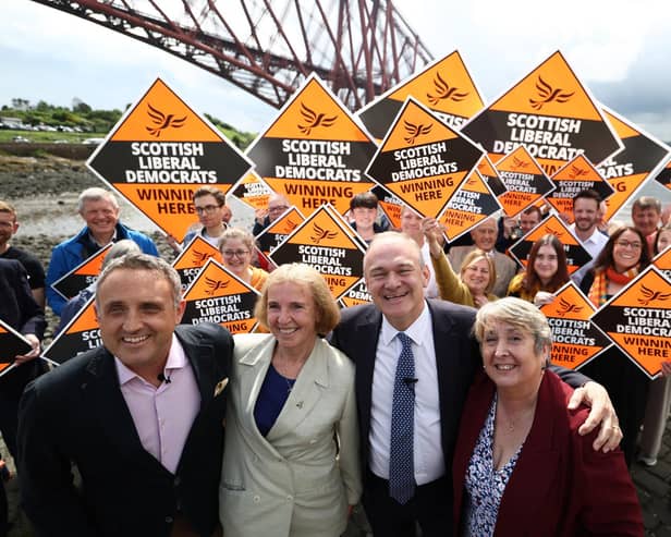 Liberal Democrat leader Ed Davey and Scottish Liberal Democrat leader Alex Cole-Hamilton launch the Scottish party’s election campaign in North Queensferry. (Photo by Jeff J Mitchell/Getty Images)