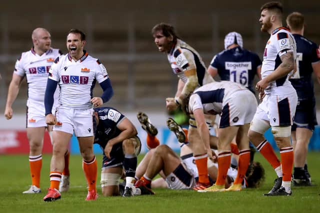 Celebrations for Edinburgh as the full-time whistle sounds against Sale in the European Champions Cup match at the AJ Bell Stadium. Picture: Martin Rickett/PA Wire