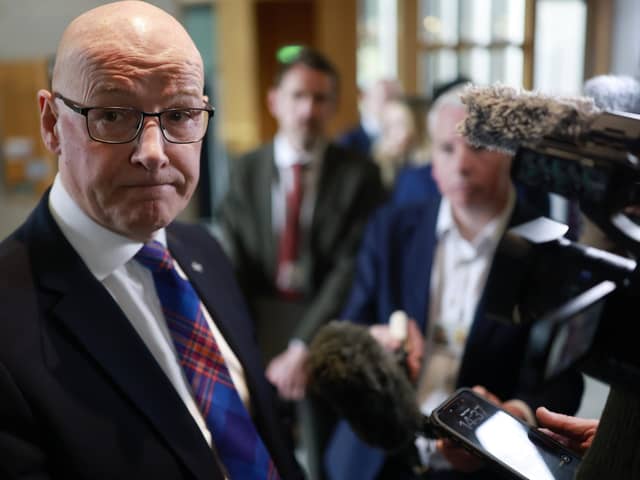 First Minister John Swinney speaks to the media following FMQs at the Scottish Parliament Building a week before the appearance of the journalists' pen (Photo by Jeff J Mitchell/Getty Images)